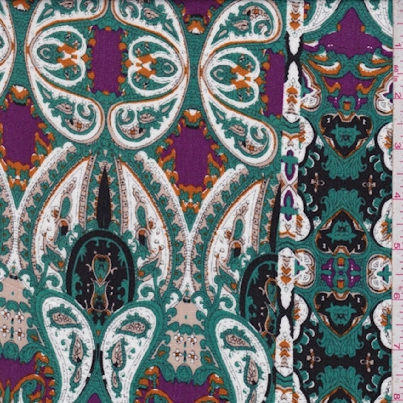 Black/Jade/Purple Paisley Stripe Crinkled Gauze Fabric By the Yard